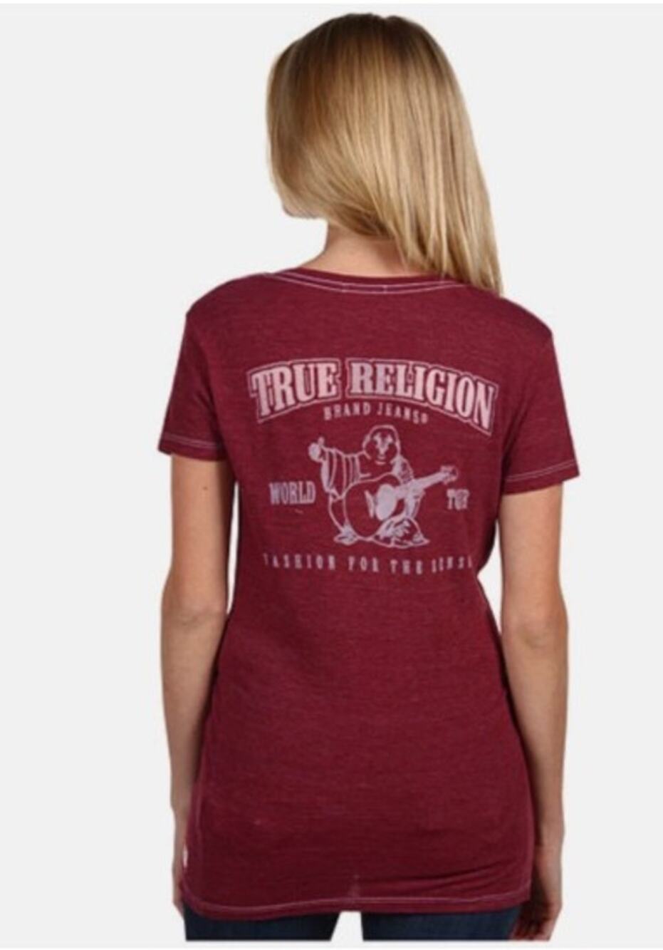 True Religion Burgundy V-Neck Tee "Fashion For The Senses" - Size Medium*